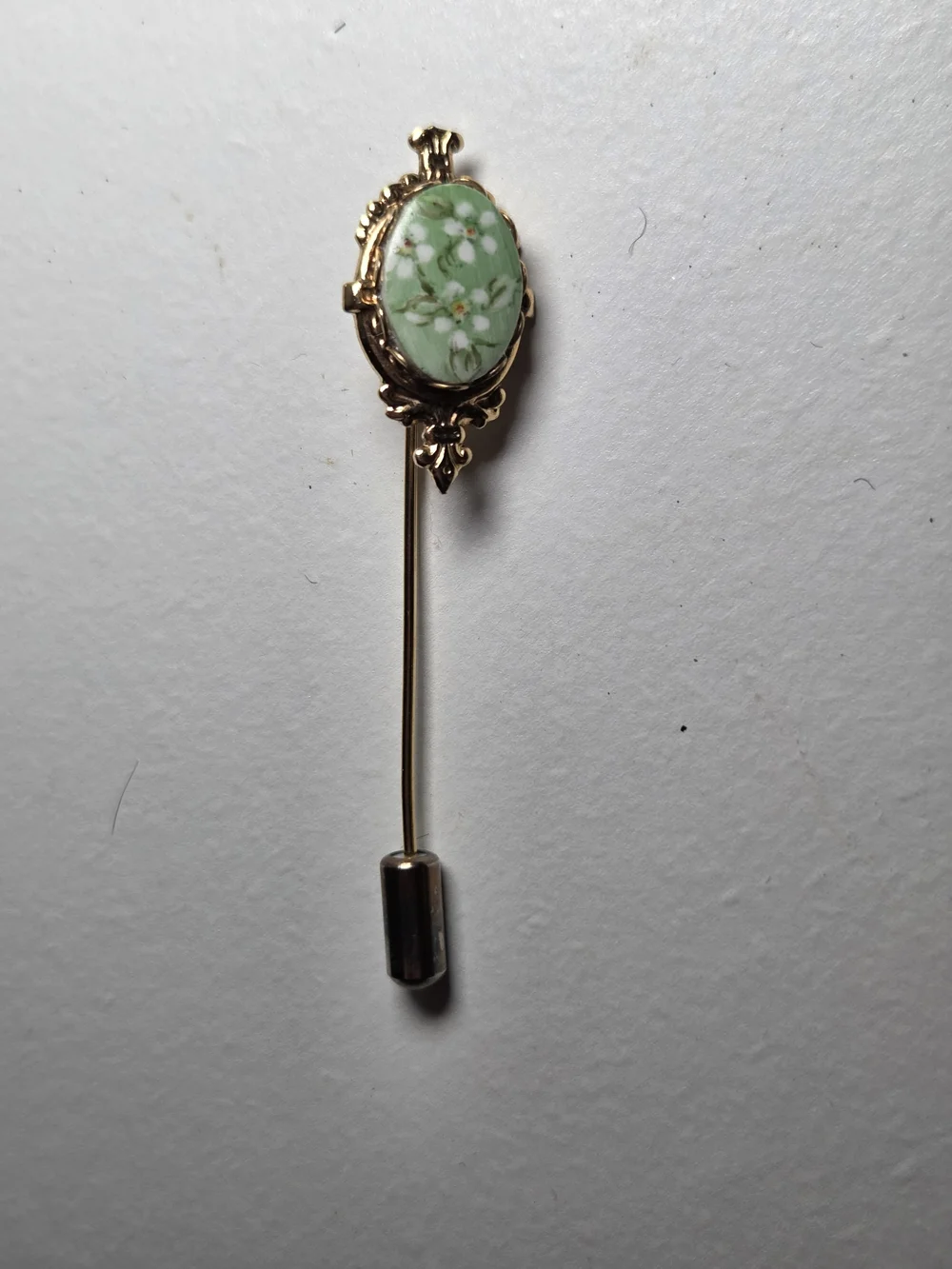 Vintage Gold Pin With Green Floral lapel pin, tie pin, or hat accessory